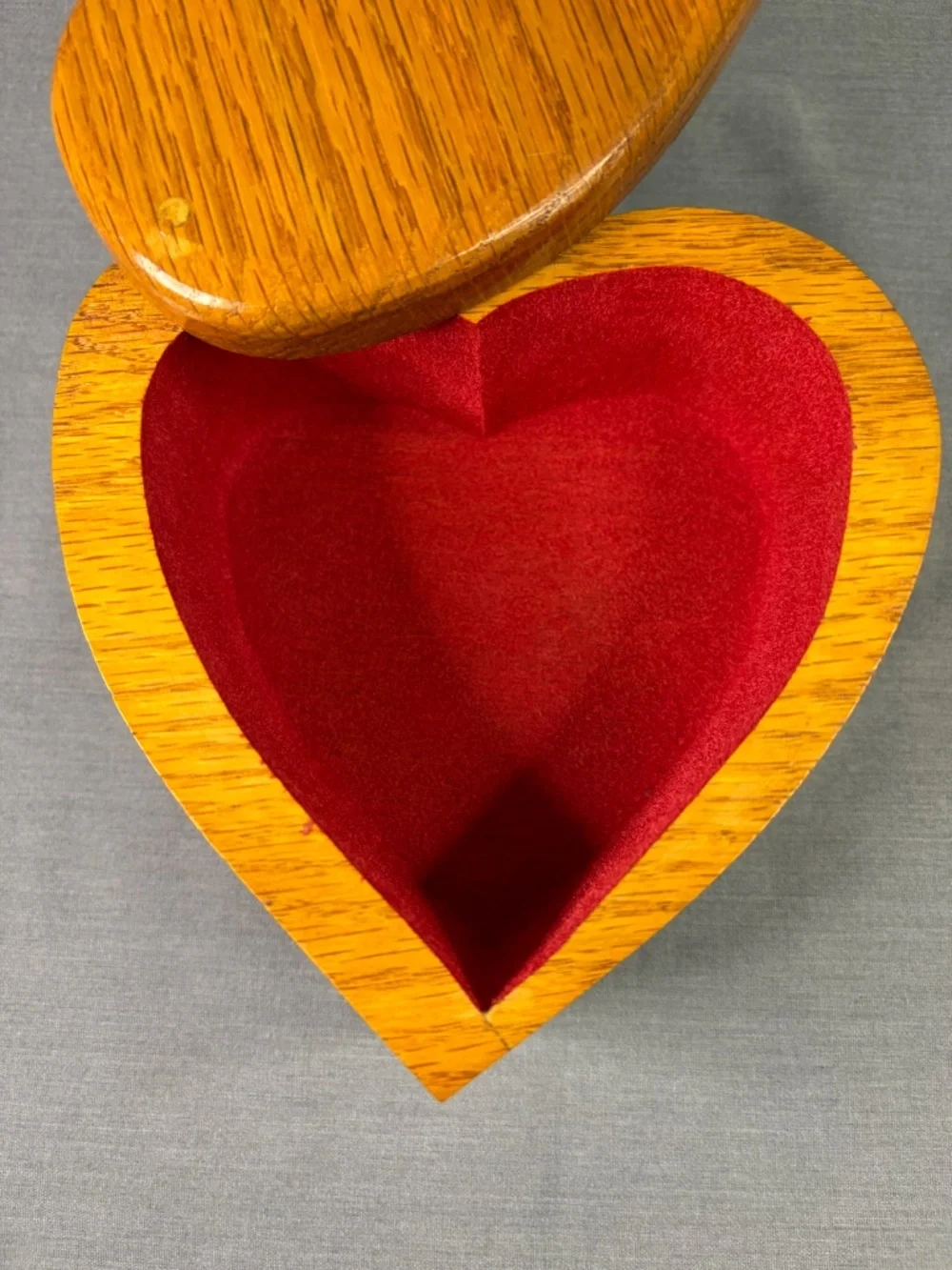 Vintage Oak Trinket Jewelry Box Velvet Lined Swivel Lid Handmade Wooden Heart
